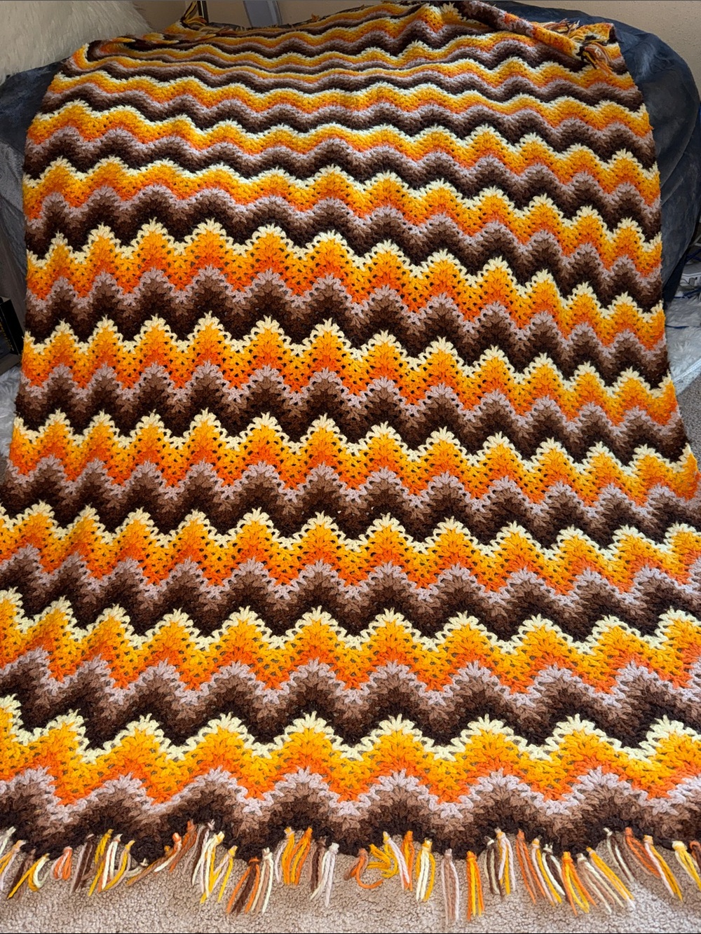 Hand Crafted Zigzag Chevron Throw in Yellow, Orange, Brown, Cream